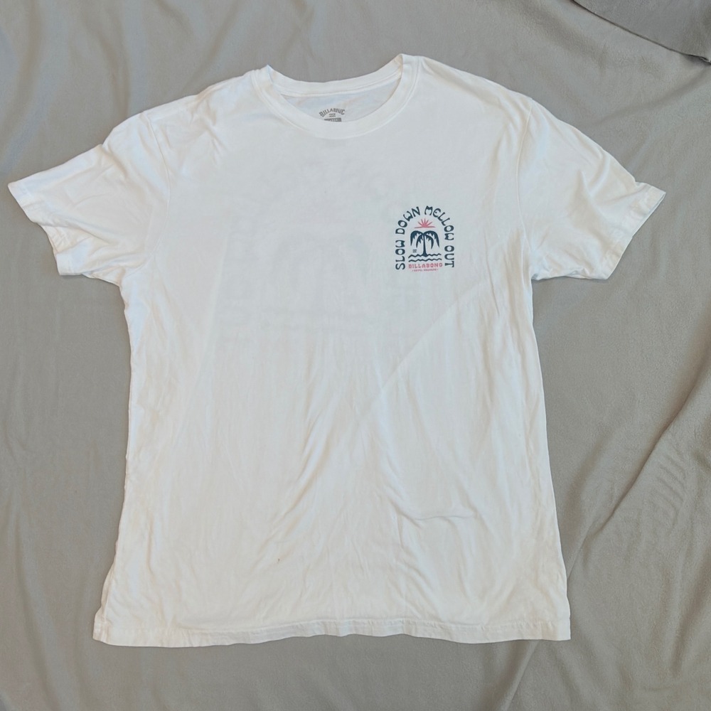 Billabong Graphic T-Shirt Mens Large White Excellent Slow Down Mellow Out Surf